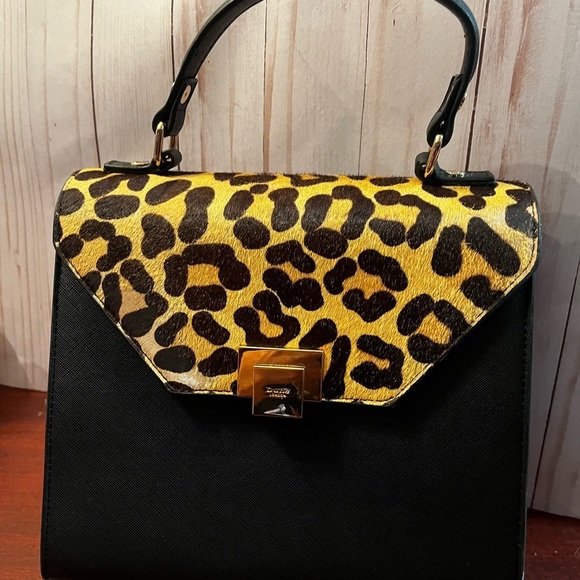 Dune London Leopard Black Half Calf Hair Bag Gold Closure - Picture 4 of 10